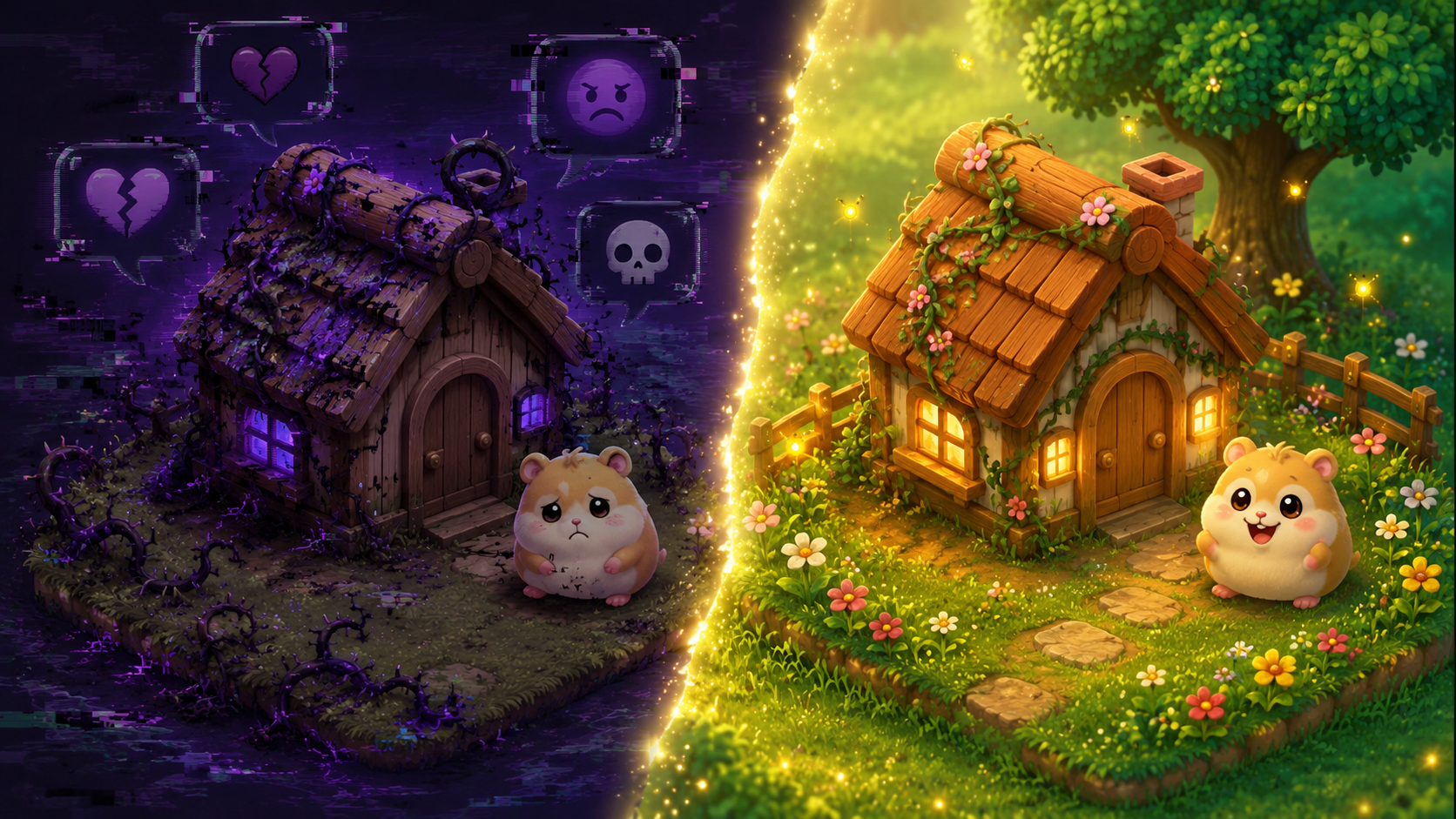 A cottage corrupted by static, restored to a warm lit home