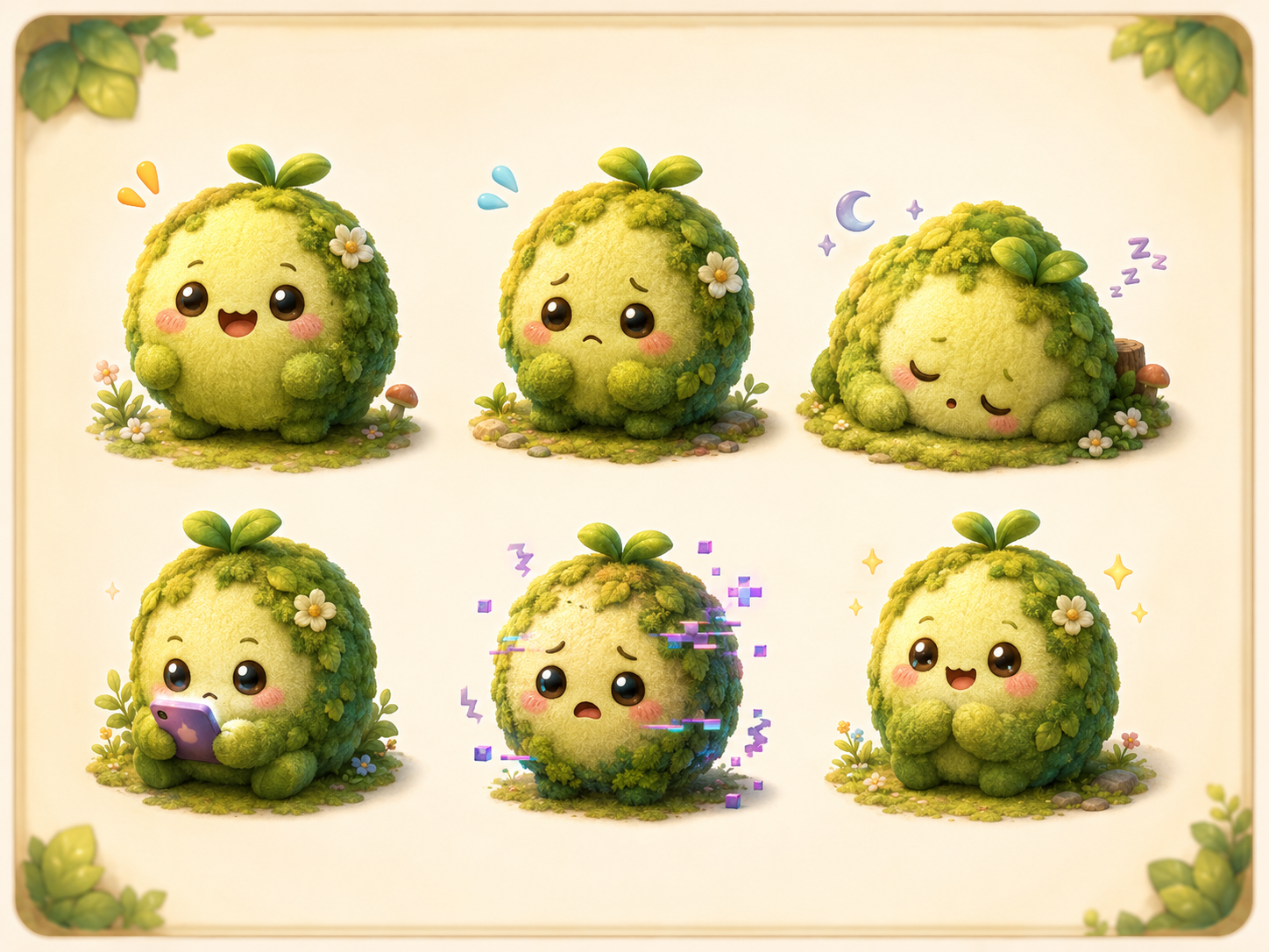 Mossy the squishy with different moods